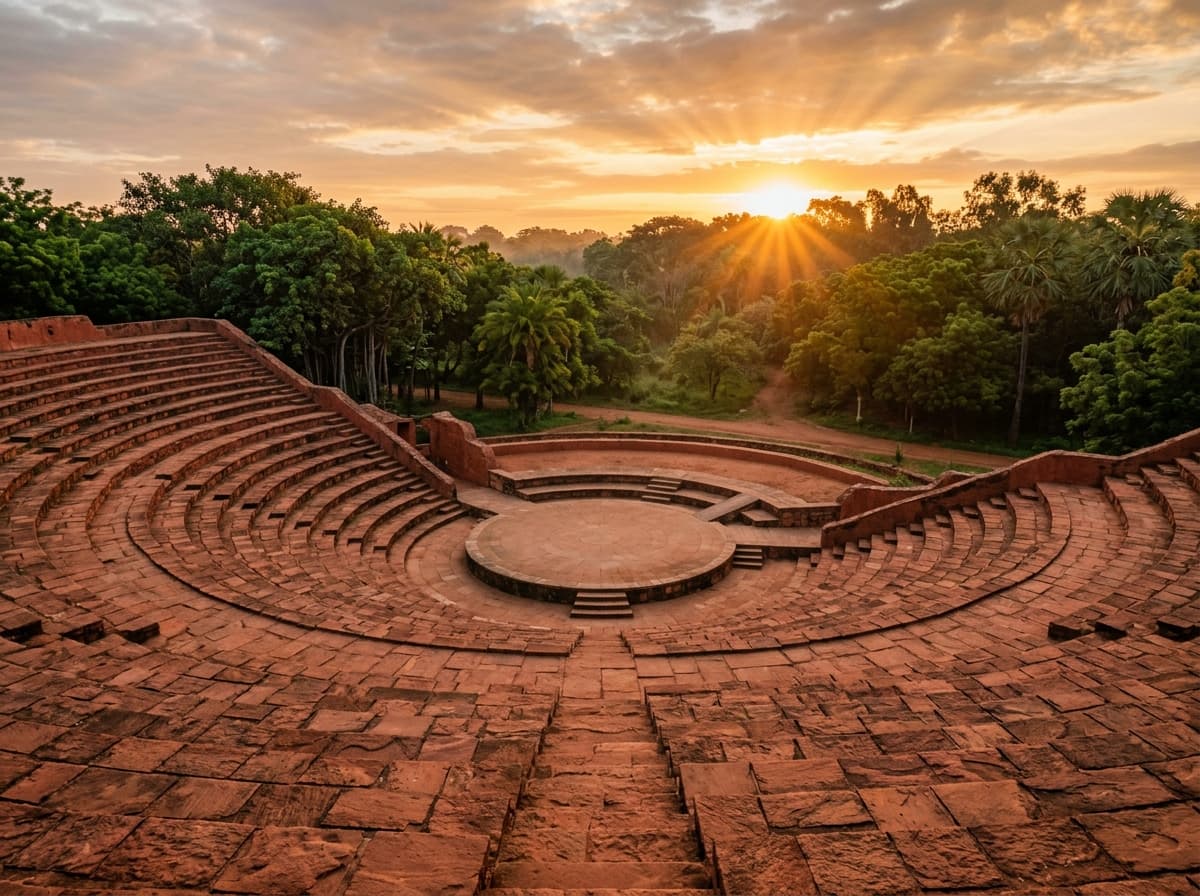 Day 3 Emerge — Auroville amphitheater bathed in sunrise golden light