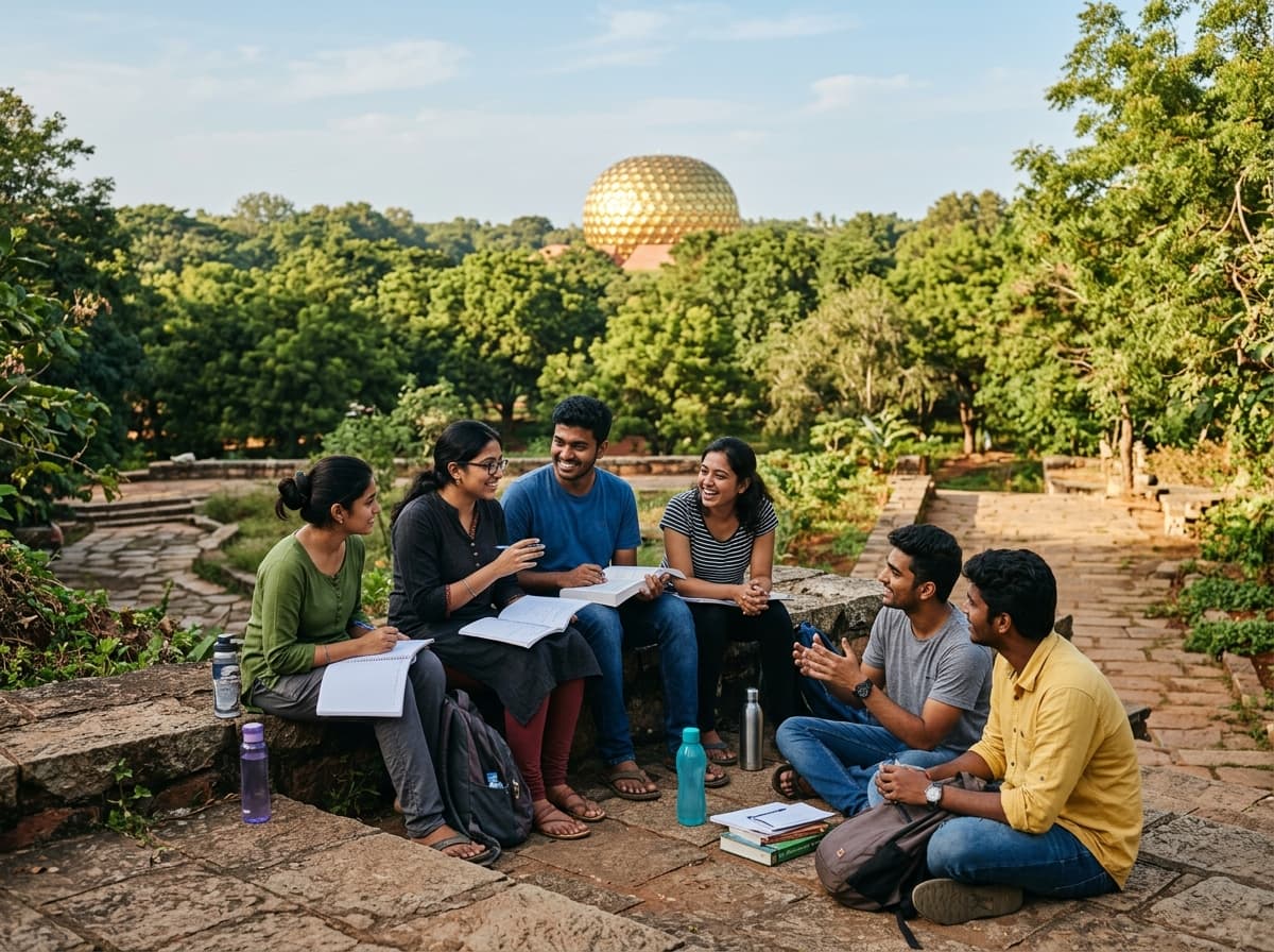 Young students conversing outdoors with Auroville Matrimandir sphere in view