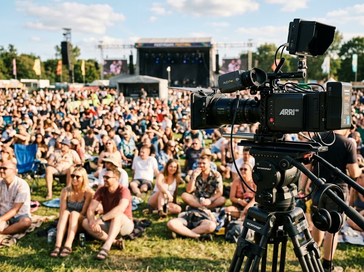 Professional broadcast camera capturing outdoor conclave dialogue